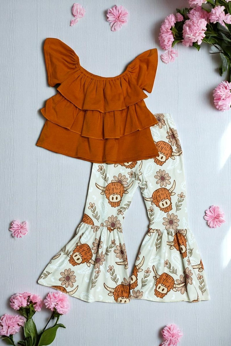 Girls boutique clothing wholesle Brown ruffle top & cow prints pant 2pc sets 1111WY (A3S8)