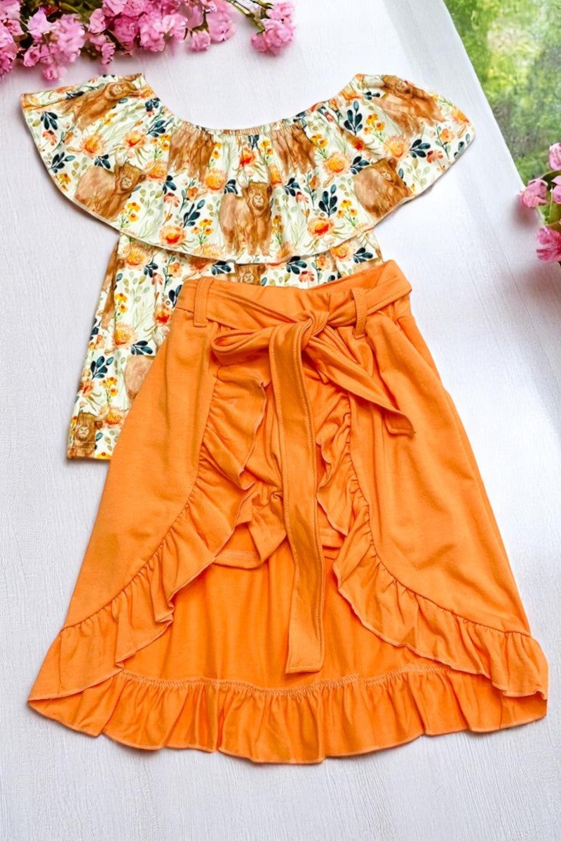 Girls boutique clothing wholesale Cow floral off the shoulder blouse w/skirt girl set 1112WY (A3S8)