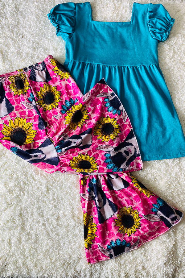 (A3S6) Children clothing suppliers Western blue ruffle sleeve top & bell bottom girls clothing sets 1114WY