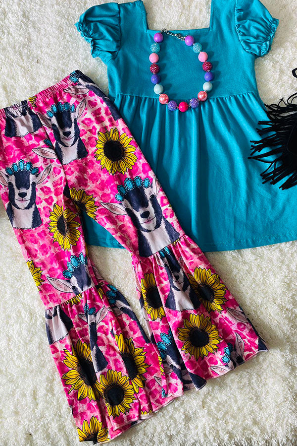 (A3S6) Children clothing suppliers Western blue ruffle sleeve top & bell bottom girls clothing sets 1114WY