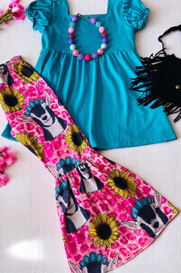 (A3S6) Children clothing suppliers Western blue ruffle sleeve top & bell bottom girls clothing sets 1114WY