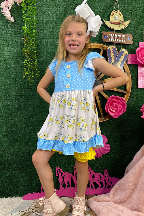 Children clothing suppliers Blue & yellow floral printed 2pcs girl set 1160WY (A3S4)