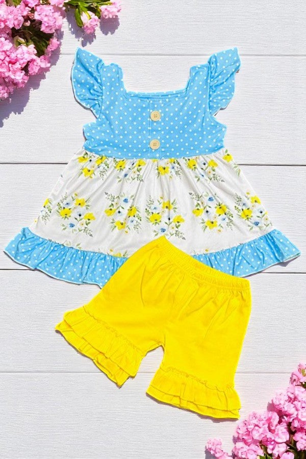 Children clothing suppliers Blue & yellow floral printed 2pcs girl set 1160WY (A3S4)