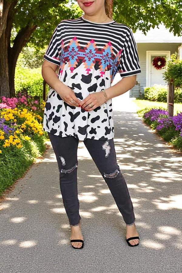 Western womens top suppliers Stripes & Aztec and Cow prints w/short sleeve XCH11359  ES10