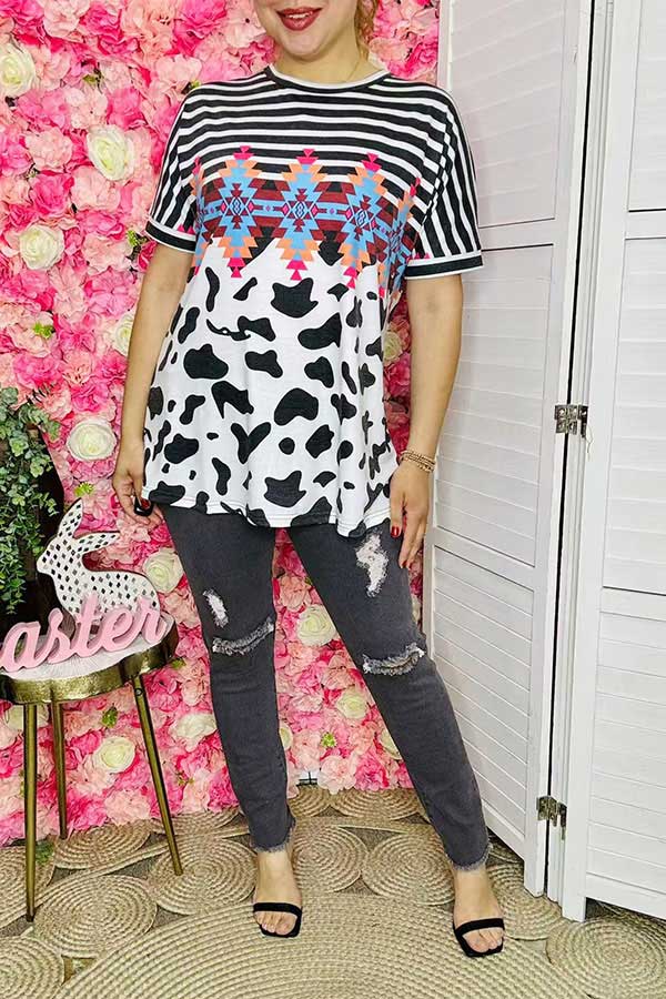 Western womens top suppliers Stripes & Aztec and Cow prints w/short sleeve XCH11359  ES10